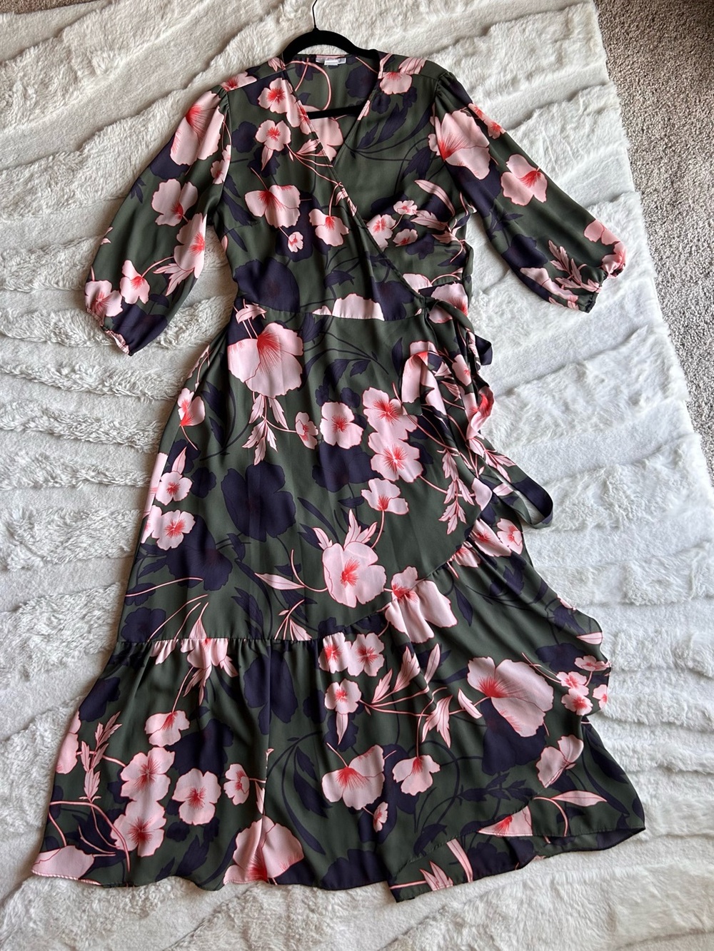 Bar III Floral Faux Wrap Midi Dress | XL | Olive Green Pink Floral Ruffle Hem